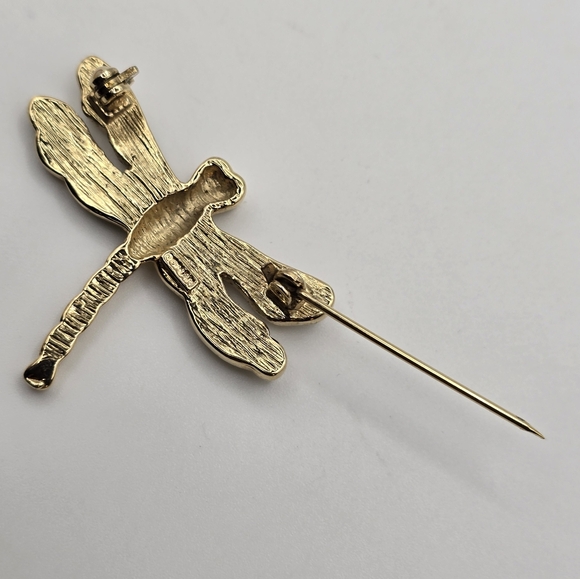 Vintage Roman Dragonfly Pin Brooch Gold Tone Blue Green Enamel - Picture 4 of 6